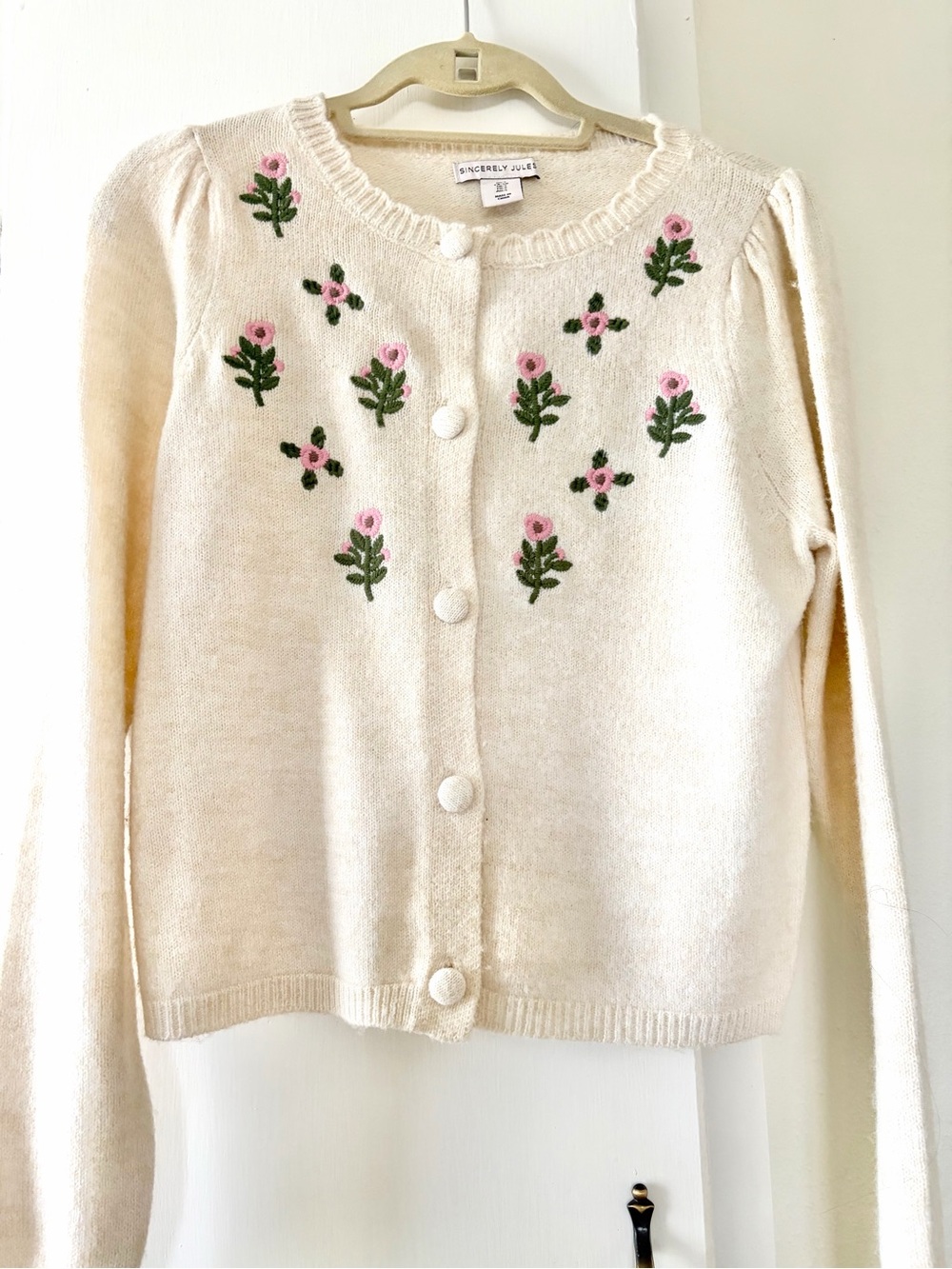 Sincerly Jules Cream Cardigan with Pink Floral Embroidery